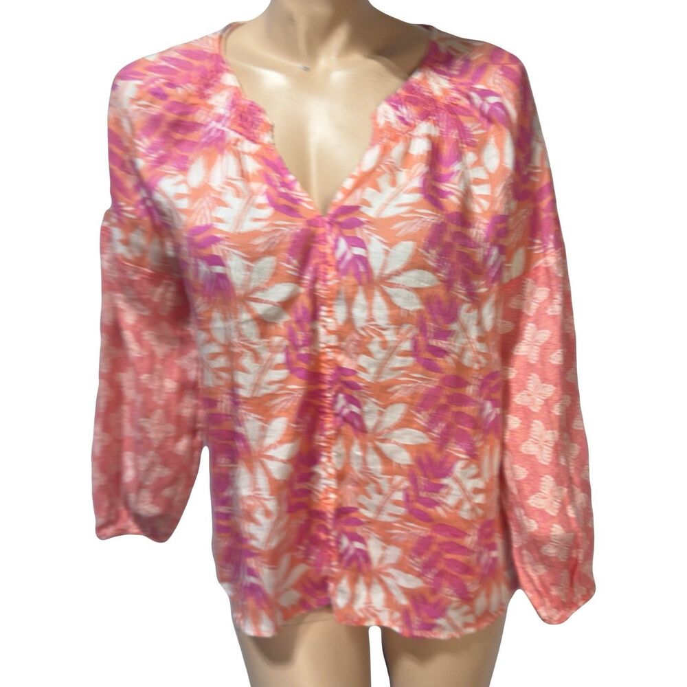 Sigrid Olsen 100% Linen Blouse women’s Long Sleeve Pullover size M Tropical NWT